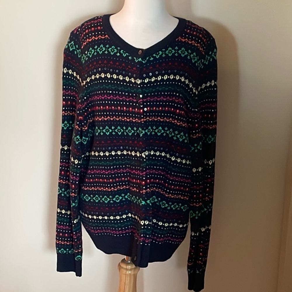 EUC Woman’s Large Talbots Colorful Button Up Patterned Sequin Cardigan Sweater